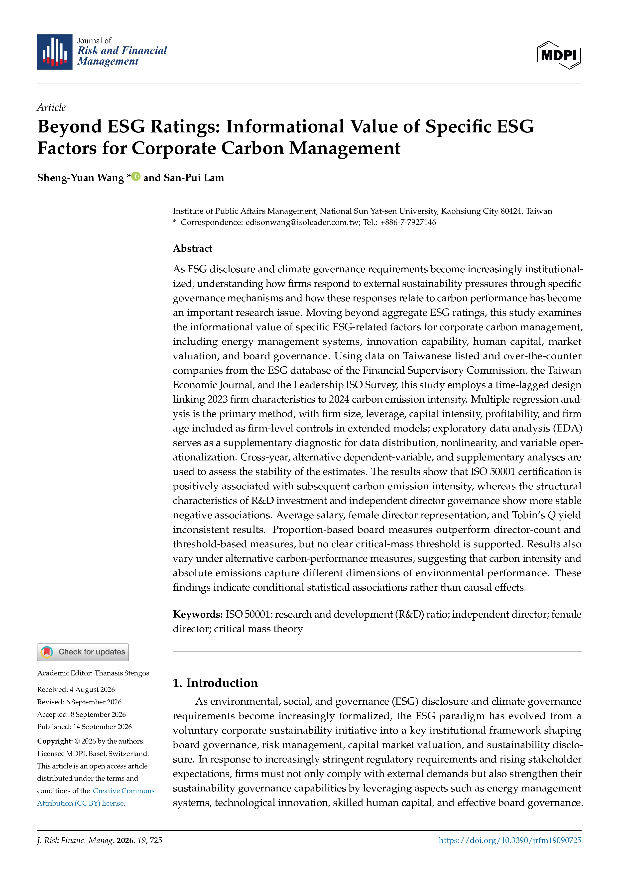 Beyond ESG Ratings: Informational Value of Specific ESG Factors for Corporate Carbon Management
